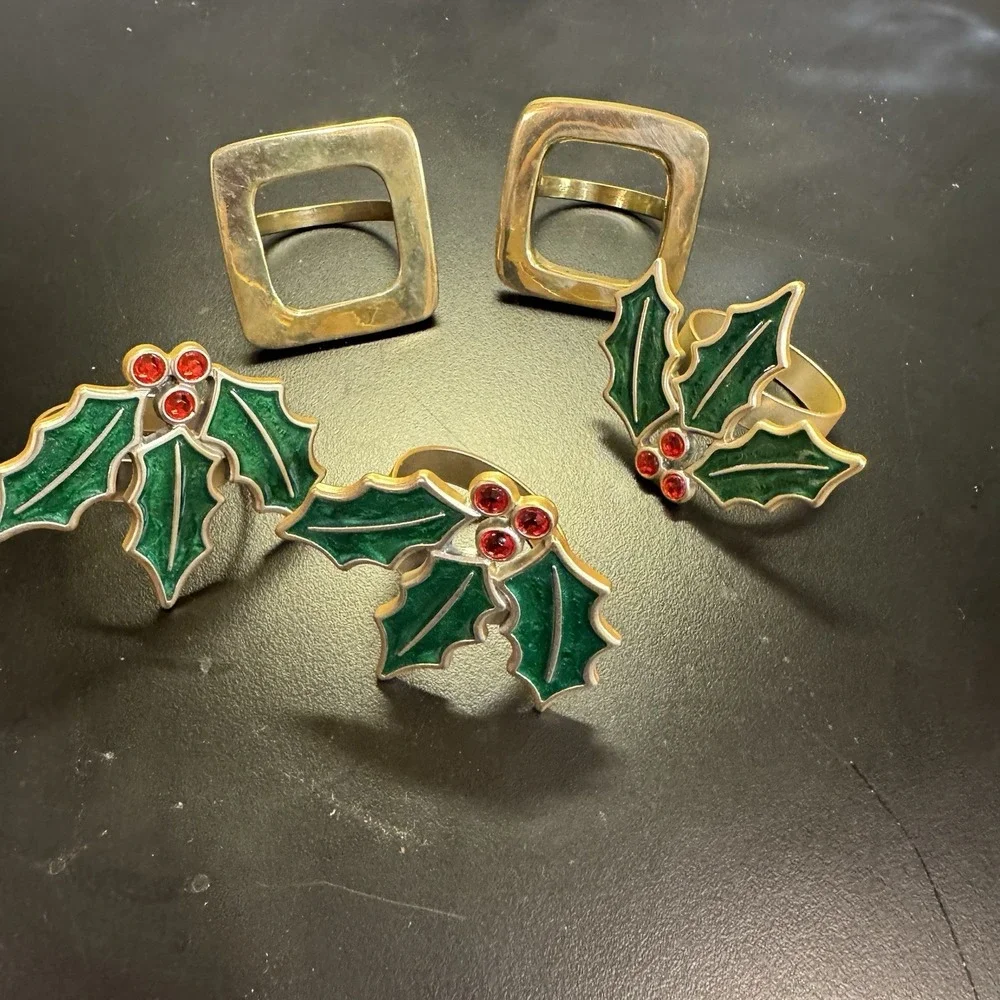 Christmas Napkin Rings Set Of 5 Metal Painted Holly Berry &‎ Square  Brass Color